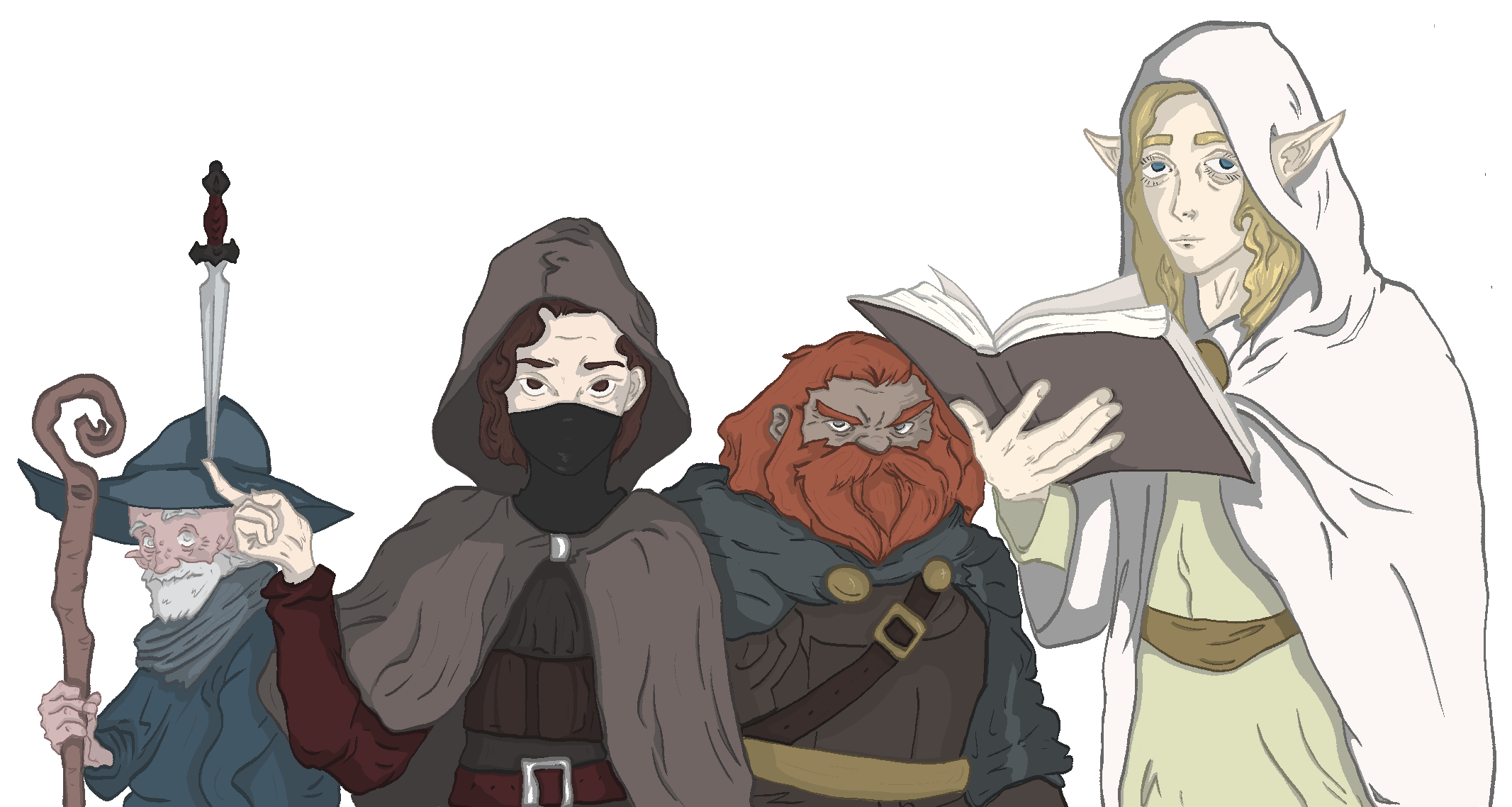 Four adventurers stand together: a staff-bearing halfkin, a hooded human, a red-bearded dwarf, and a tall elf reading a book.