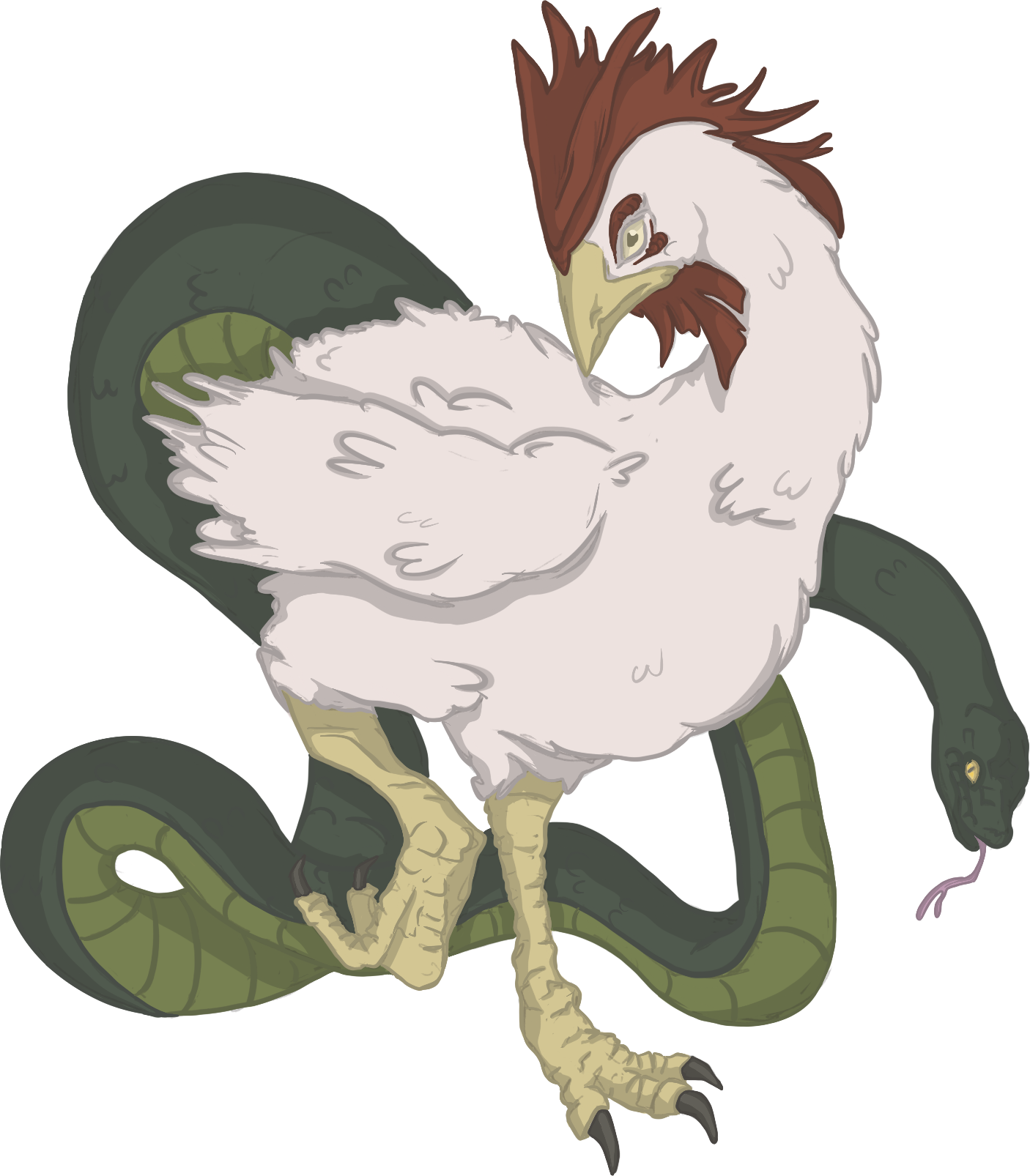A cockatrice: a white rooster whose tail is a long green serpent, coiling around its legs and flicking its tongue.