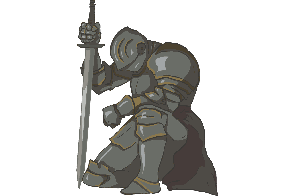 A knight kneels with bowed head, both hands resting on a sword planted point-down.