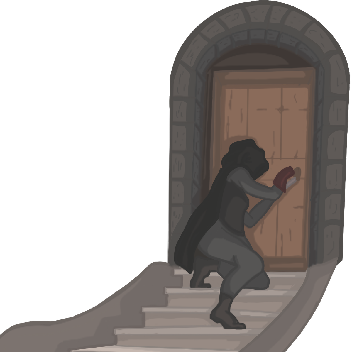 A cloaked thief crouches on a stairway, working a tool into the lock of a door set in a stone arch.