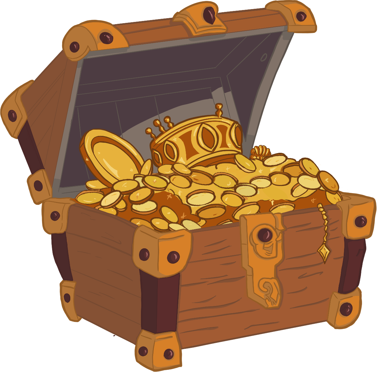 An open chest overflows with gold coins, a crown among them and a chain spilling over the side.